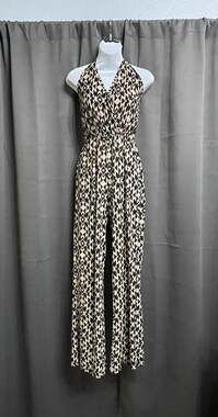 Emi & Joe Women's Black tan Geometric Print Halter Neck Wide Leg Jumpsuit